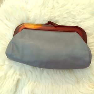 Leather Clutch Purse Blue w Tortoiseshell Frame